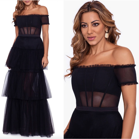 Betsy & Adam Dresses & Skirts - Betsy & Adam Ruffle Off The Shoulder Tiered Corset Ball Gown Black Size 12 New